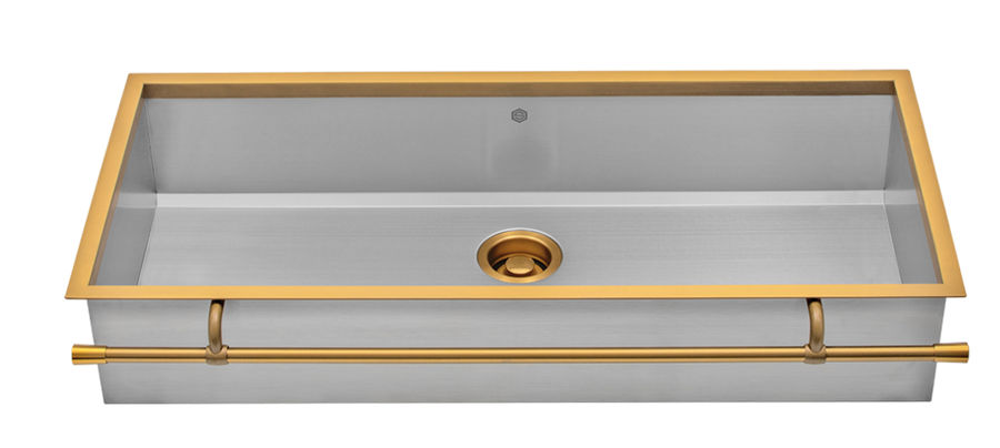 Stainless Steel and Brushed Gold Semi-Recessed Apron-Front Kitchen Sink with Towel Bar added by Rim Berradi