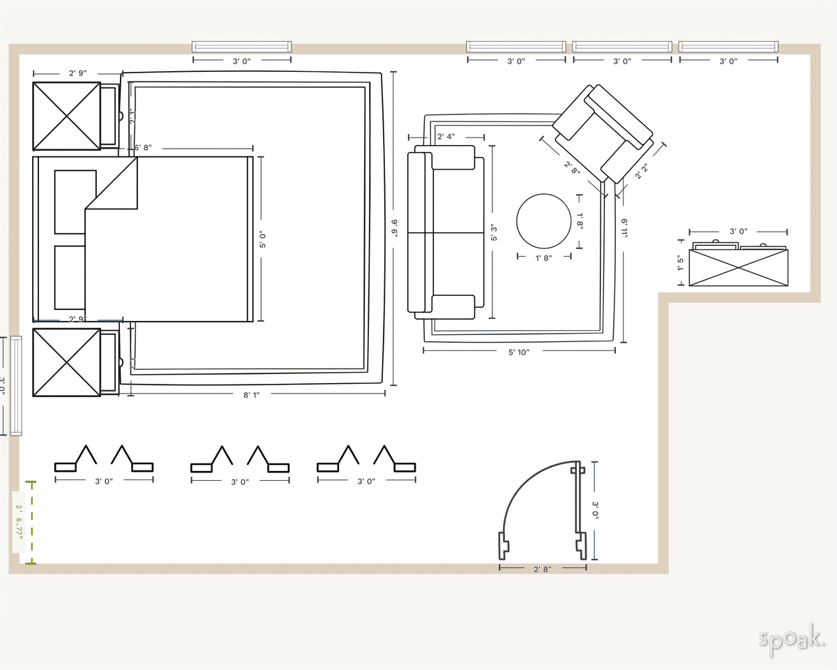 L-Shaped Bedroom Floor Plan designed by Ellen Wood