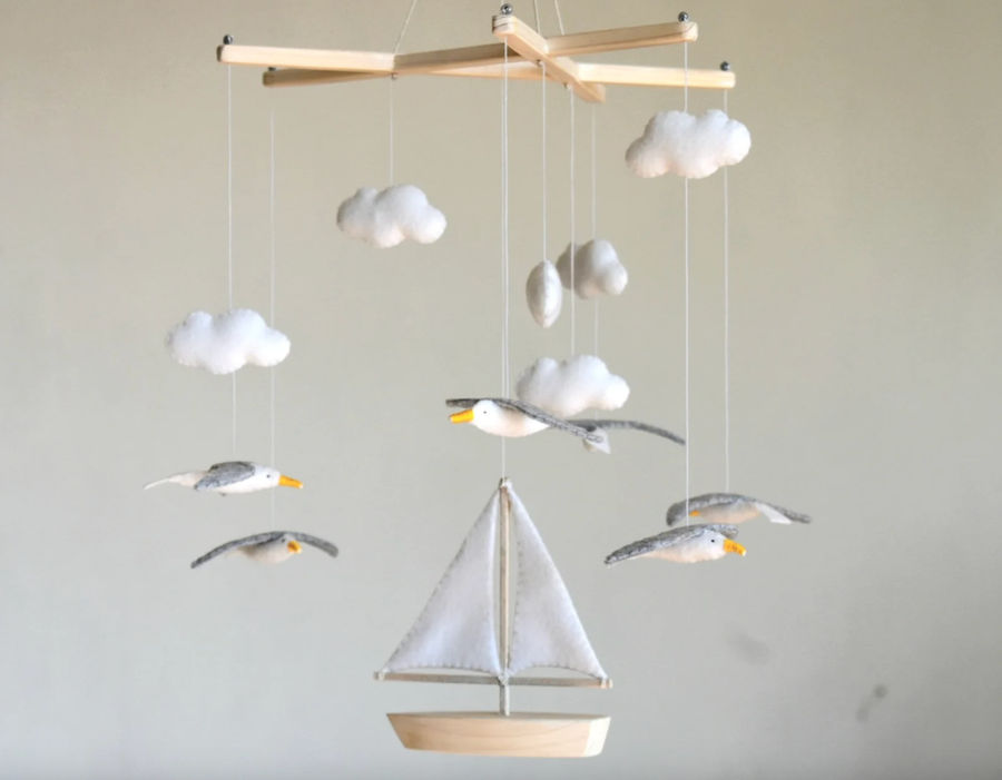 Seagulls Flying Around Sailboat, Coastal Mobile,Seagulls Mobile, Ocean Mobile, Sea Mobile, Nursery Mobile, Boat Mobile, Baby Room Decoration added by Julia Zucco