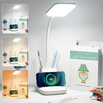 GOLSPARK Desk Lamp with Wireless Charger, LED Desk Lamps for Home Office Eye-Caring CRI 85+, 3 Color Modes, Stepless Dimming Touch Table Lamp, Study Small White Lamp with Pen Holder for College Dorm added by Madeline Wood