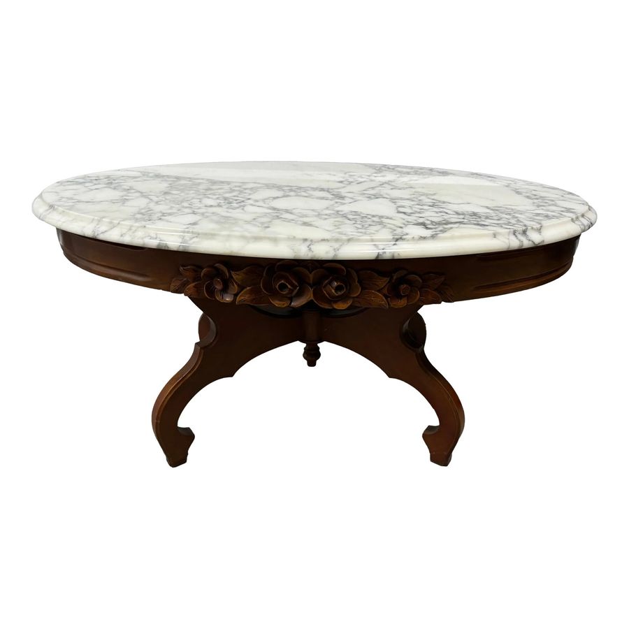 Vintage Oval Victorian Mahogany Wood Marble Coffee Table added by christine M