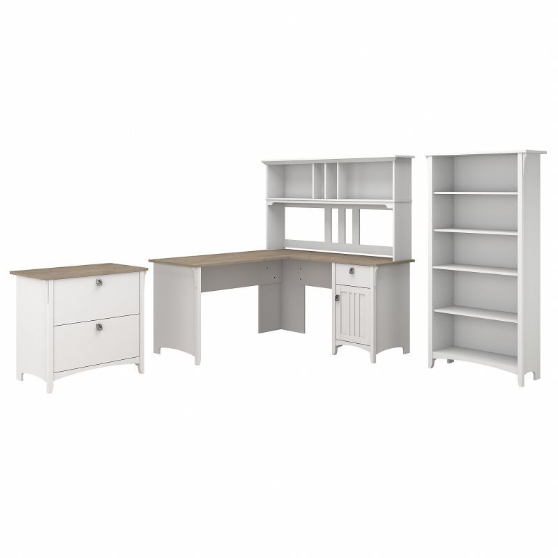 Bush Furniture Salinas 60W L Shaped Desk with Hutch, Lateral File Cabinet and 5 Shelf Bookcase in Pure White and Shiplap Gray added by Madeline Wood