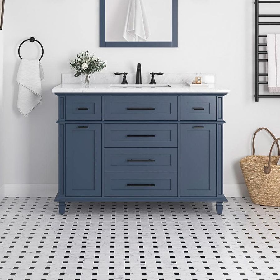 Check The Home Depot's Q&A Before Buying: Home Decorators Collection Tarbot 48 in. Single Sink Midnight Blue Bath Vanity with Carrara Marble Top with Integrated Power Outlet (Assembled) added by HELEN SALGADO