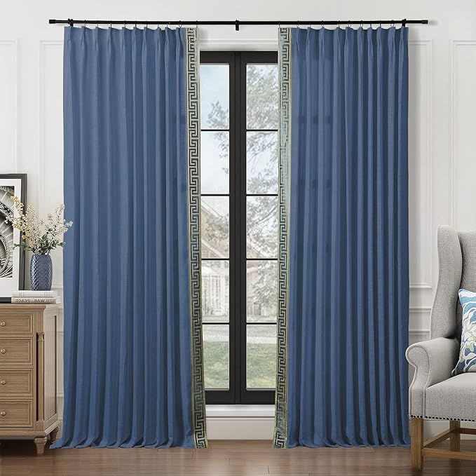 Navy Blue Linen Curtains 84 Inches Long Greek Key Trim Pinch Pleat Curtains- 2 panels 52 X 84 added by Blaire Gremillion