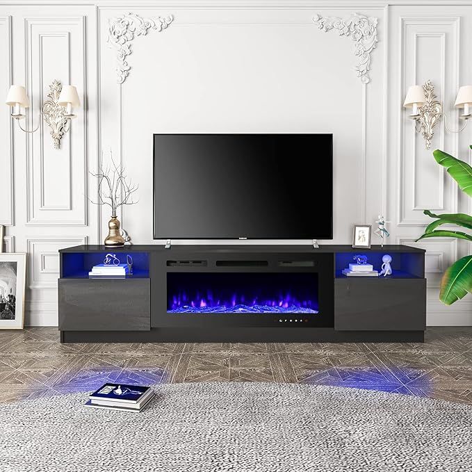 EROMMY 80'' Fireplace TV Stand with 40'' Electric Fireplace, Entertainment Center with 16 Color Led Lights and 12 Flame Fireplace Insert Heater, TV Console for TVs up to 90'' for Living Room, Black added by Belinda McClendon