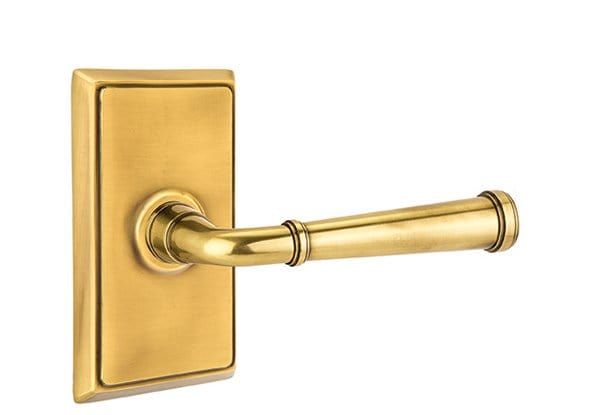 Emtek Merrimack Lever with Rectangular RosettePassage (Hall/Closet) - 8121ME / French Antique / Right Hand - RH added by Alex Grey