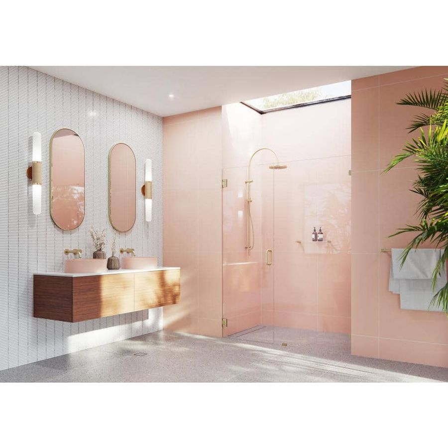Glass Warehouse Illume 58.5 in. W x 78 in. H Wall Hinged Frameless Shower Door in Satin Brass Finish with Clear Glass GW-WH-58-5-SB - The Home Depot added by Jayme Weaver