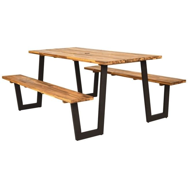 Costway Natural Wood Outdoor Picnic Table Bench Set Outdoor Dining Table Set with 2 in. Umbrella Hole and Metal Frame GHMF0002 - The Home Depot added by Melissa Fraum