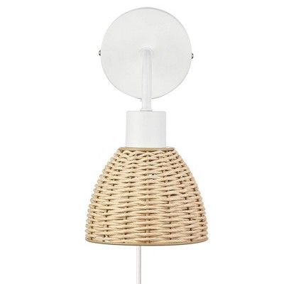 Briar 1-Light Matte White Plug-In or Hardwire Wall Sconce with Rattan Shade - Globe Electric: Japandi Style, 6ft Cord added by RANA GHANDOUR