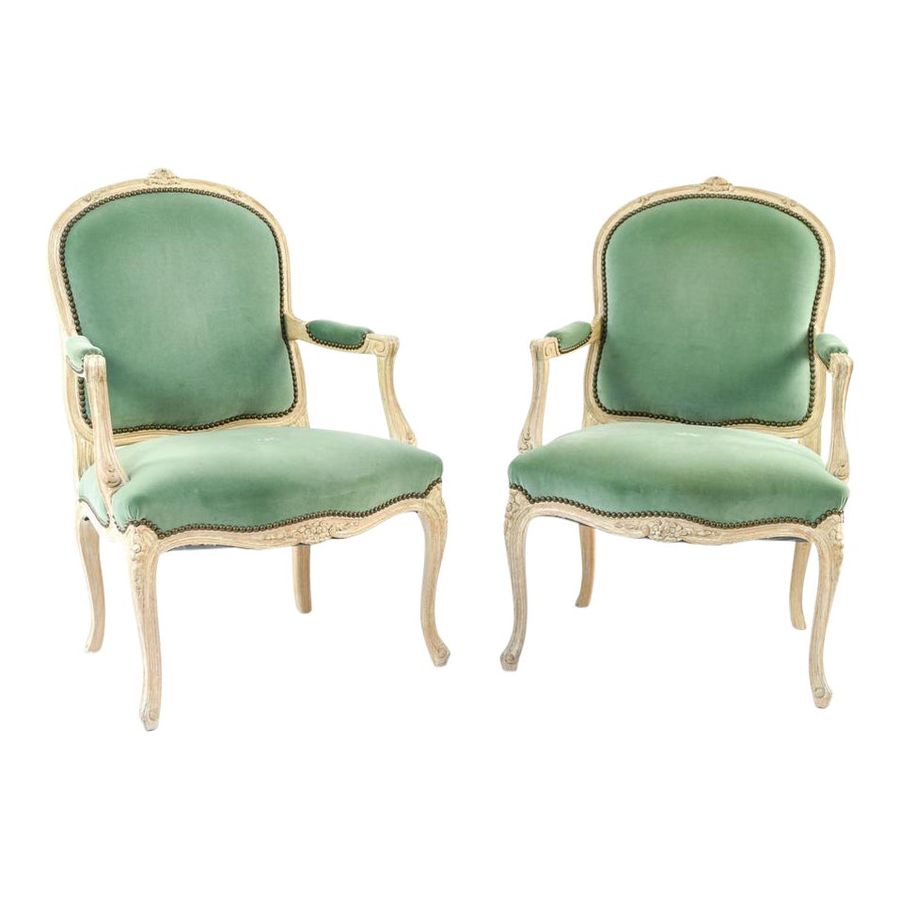 Green Velvet Louis XV Style Arm Chairs - a Pair added by Bridget Nelson