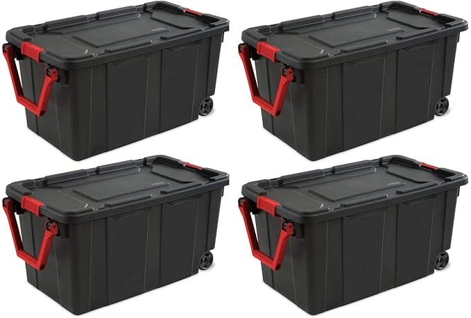 Sterilite 14699002 40 Gallon/151 Liter Wheeled Industrial Tote, Black Lid & Base w/Racer Red Handle & Latches, 4-Pack added by Rachel Fedorov
