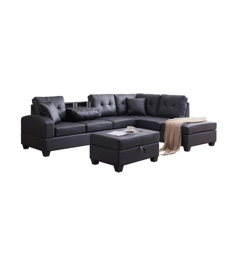 Sectionals 114.5 W Round Arm 3-Piece PU Leather L-Shape Sectional Sofa in Black with Ottoman and Cupholders added by Spoak Member