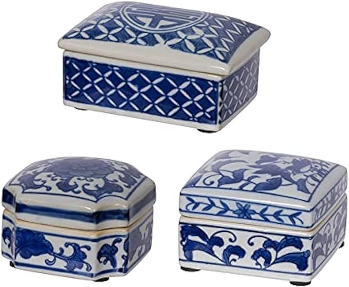 A&B Home Decorative Porcelain Box with Lid Blue and White Set of 3 Glazed Ceramic Hand Painted Jars Centerpiece Asian Decoration added by Vanessa Grech