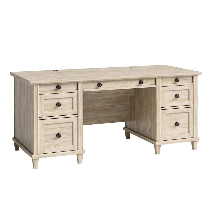 SAUDER Hammond 67.559 in. Chalk Oak Engineered Wood 6-Drawer Executive Desk with Flip-Down Keyboard Shelf 428246 - The Home Depot added by Katie Carpenter