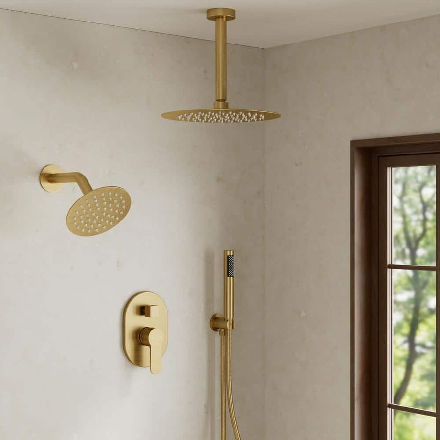 CRANACH 3-Spray 10 and 6 in. Dual Shower Heads Ceiling Mount and Handheld Shower Head in Brushed Gold (Valve Included) CR1-S057-10GI - The Home Depot added by Erin Herston