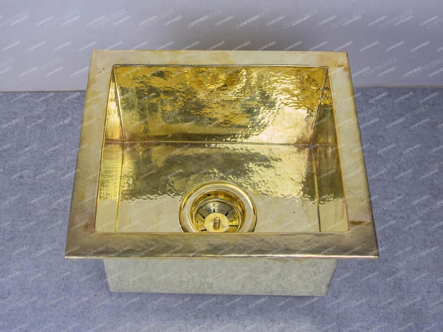 Square Brass Bar Sink, Hammered Unlacquered Brass Single Bowl Kitchen Sink Including Brass Drain, added by Alta Projects