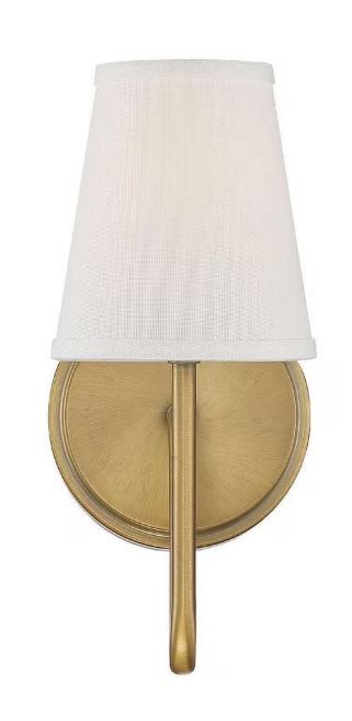 TUXEDO PARK LIGHTING 4.75 in. W x 11.25 in. H 1-Light Natural Brass Wall Sconce with White Fabric Shade 9-369840-NB - The Home Depot added by Nora Chartrand
