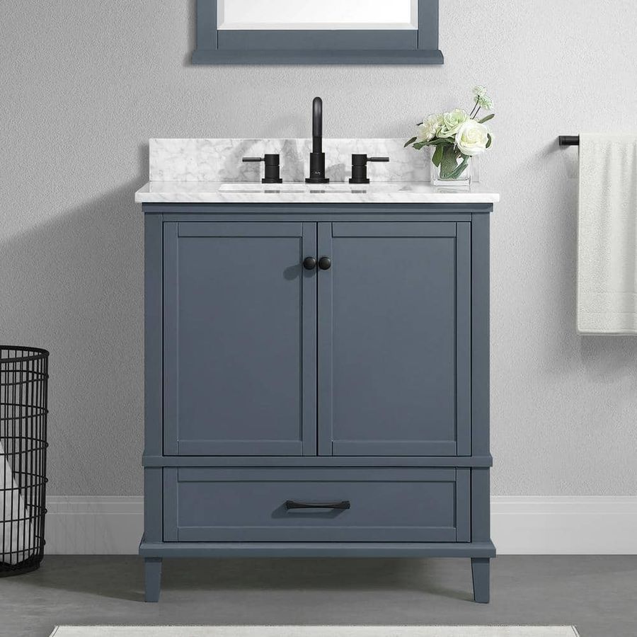 Home Decorators Collection Merryfield 31 in. Single Sink Dark Blue-Grey Bath Vanity with White Carrara Marble Top (Assembled) 19112-VS31-DG - The Home Depot added by HELEN SALGADO