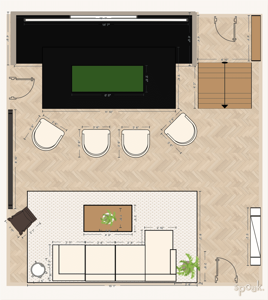 Square Living Room Layout designed by Samantha Delozier