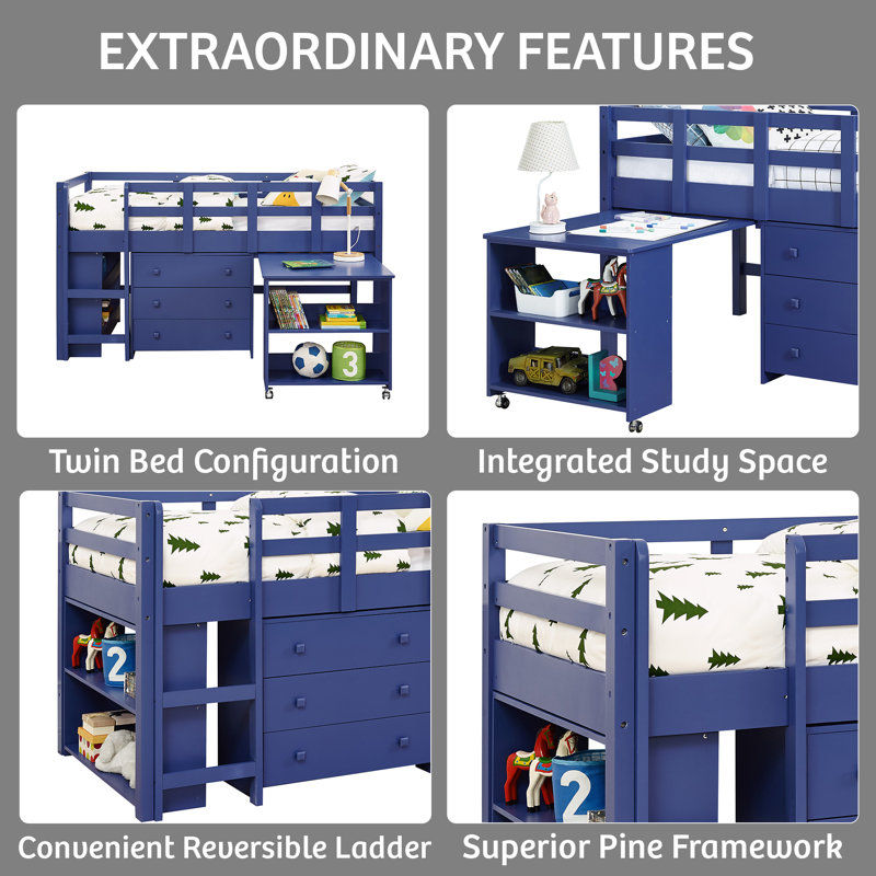 Eirwen Twin Loft Bed, Desk Low Study Kids with Storage Pine Wood with Cabinet Ladder, Bookcase Shelf, Blue 43.1'' H X 42.7'' W X 78.5'' L added by Kate Lynn Nemett
