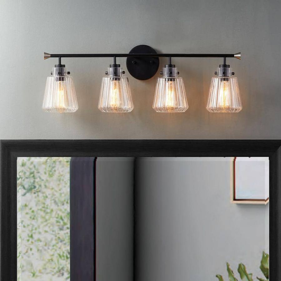 KAWOTI 30.25 in. 4-Light Matte Black Vanity Light with Rippled Glass Shade 21037 - The Home Depot added by Tegan Tegan Harty