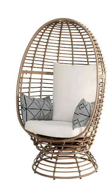 (2) Brown Wicker Outdoor Swivel Patio Egg Lounge Chair with Beige Cushions and Black/Cream Pattern Pillows added by Kelly Frank