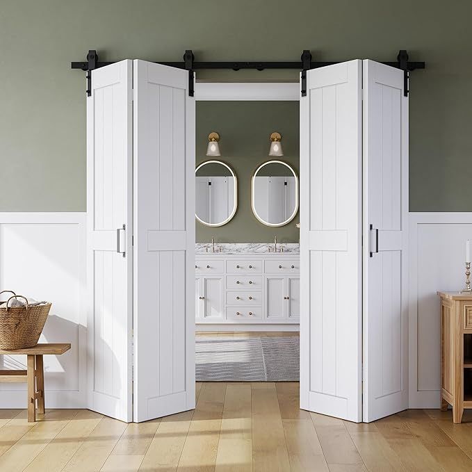Bifold Barn Door 60" x 84", MDF Bi-Fold Sliding Closet Doors with Hardware Kit Included, Pre-Finished Easy Assembly, Water-Proof PVC Surface & Save Space, H-Frame, 68" Track for 4 Doors,White added by Rachel Fedorov