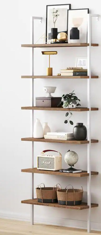 30 in. Wide Rustic Oak/White 6-Shelf Tall Ladder Bookcase Wall Mount Bookshelf Matte White Metal Frame added by Katie Carpenter