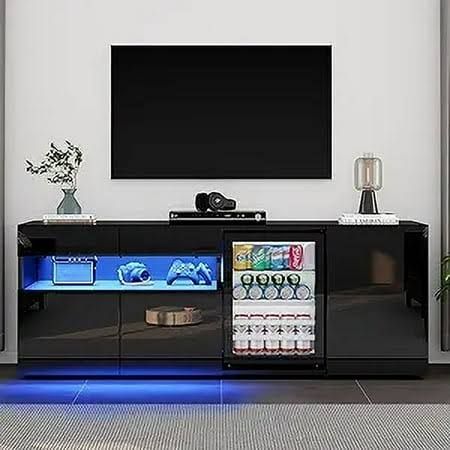 63" Tv Stand Built-in Refrigerator, 22 Can Fridge With Glass Door, High Glossy Entertainment Center With Led Lights & Ample Storage Space For Living Room, Black added by Lexus Valentine