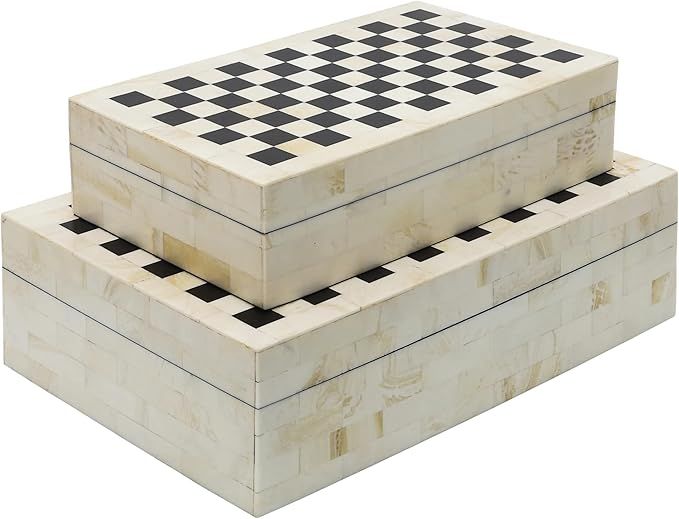 Sagebrook Home Decorative Storage Boxes Set – Checkered Design, Resin & Wood Keepsake Boxes – Stylish Organizer for Home, Office, Bedroom, or Living Room – 10" & 12 Inches, Black & Ivory added by Sarah Jackson