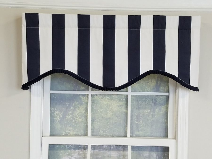 Navy and White Striped Shaped Valance With Navy Pleated French Pleated Ribbon Trim and Optional Curtain Rod - Etsy added by Christina Miller
