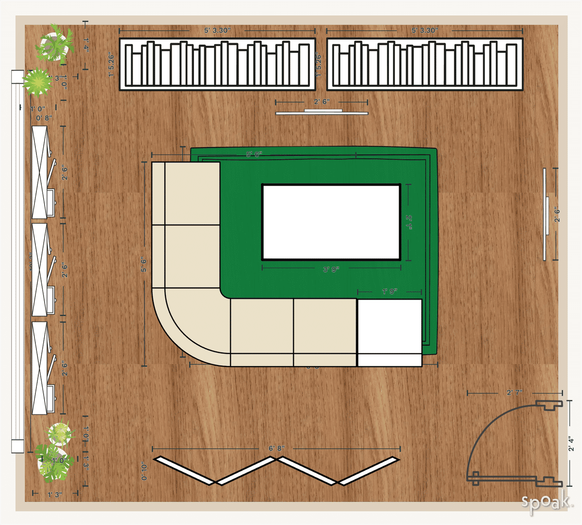 Square Living Room Layout designed by Julie Wu