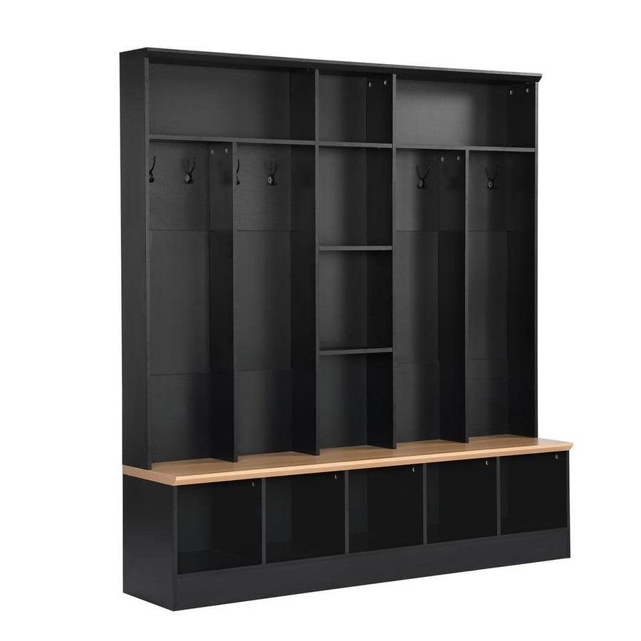 Nestfair Black Freestanding Hall Tree with Storage Bench, Shoe Cabinet, Shelves and 8 Hooks HTOT0021B - The Home Depot added by Catherine Wright