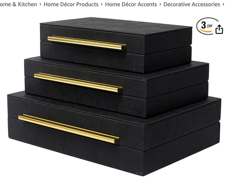Faux Shagreen Leather Decorative Jewelry Storage Nesting Organizer Boxes with Lids Gold Handle Set of 3, Black added by Yasmin David