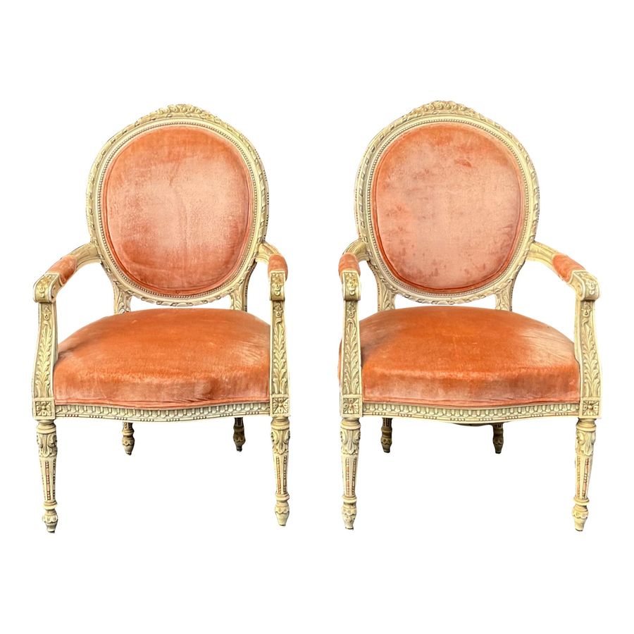 French Louis XVI Style Carved & Painted Bergere Chairs in Velvet - Pair added by jane campbell rahmberg