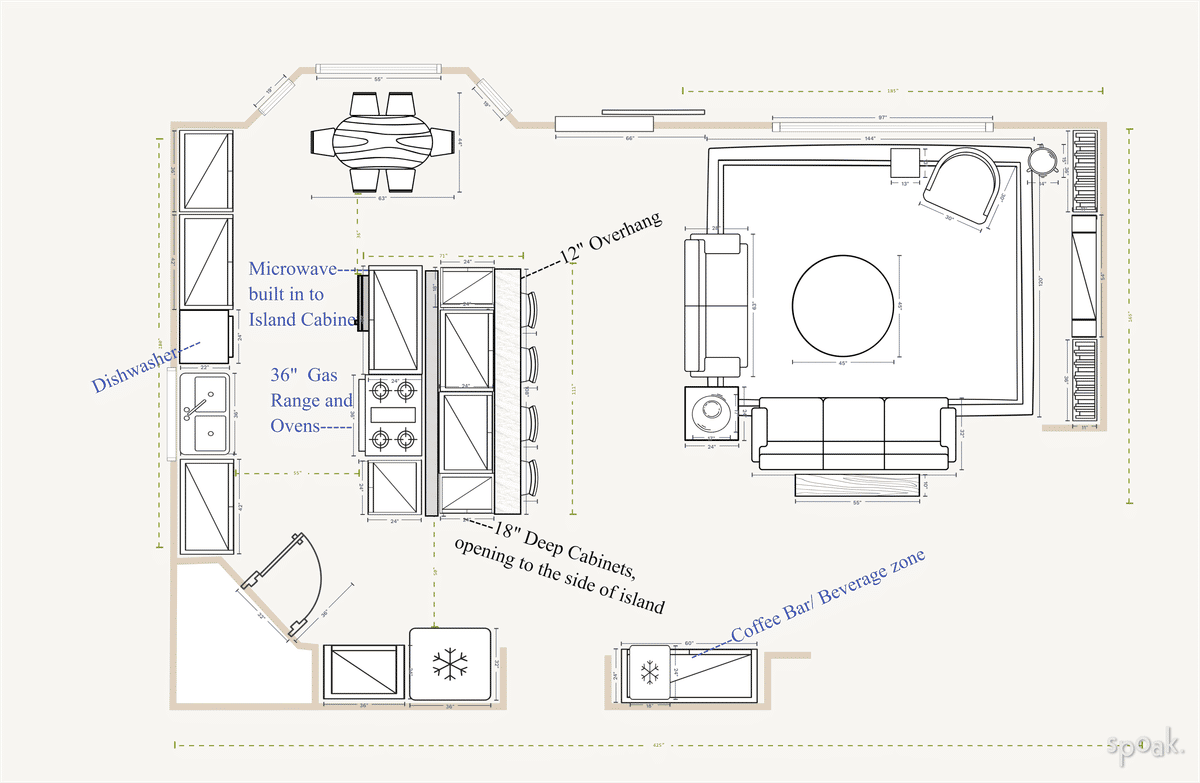 Kitchen + Living Room Plan designed by Sandy Schargel Interiors