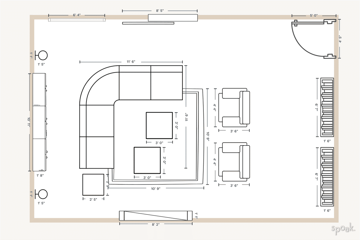 Rectanglar Living Room Layout designed by Brianna Clement