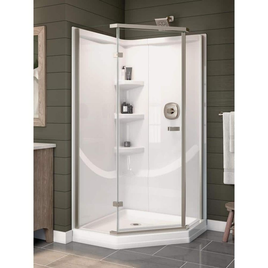 Delta 38 in. L x 38 in. W x 72 in. H Corner Neo-Angle Pan/Wall/Door Shower Stall Kit in White and Stainless BVS42238-SS - The Home Depot added by HELEN SALGADO