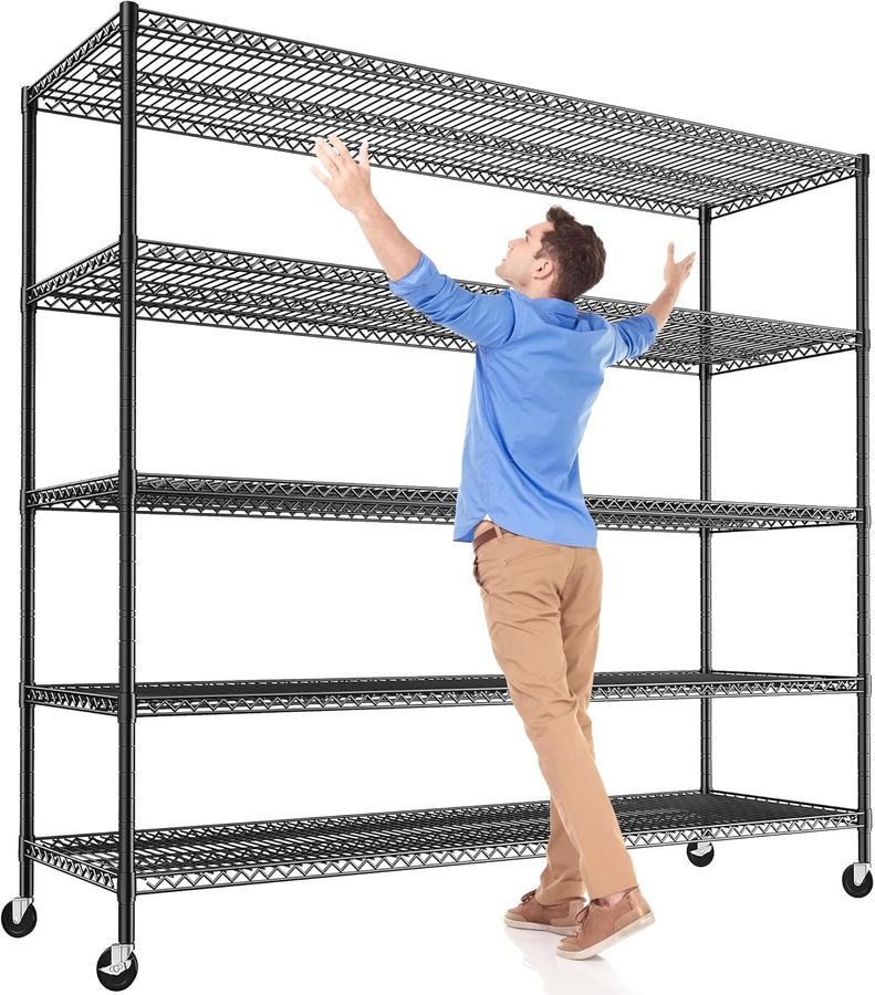 REIBII 85.7" H Storage Shelves 3200LBS Metal Shelving Unit with Wheels & Feet, 5 Tier Garage Shelving Heavy Duty Adjustable Wire Shelf for Pantry Kitchen Garage, 85.7" H X 55.5" W X 24.2" D added by Rachel Fedorov