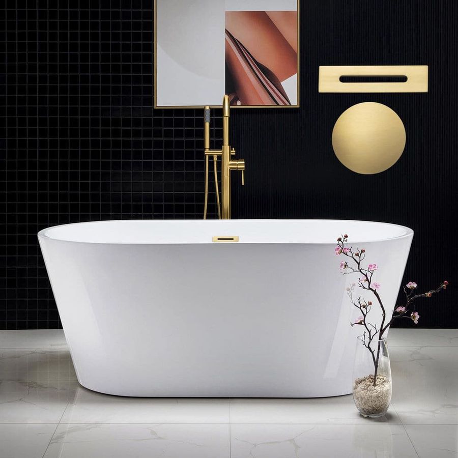 WOODBRIDGE Clifton 59 in. Acrylic Flatbottom Double Ended Bathtub with Brushed Gold Overflow and Drain Included in White HBT5795 - The Home Depot added by Cass Wright-Braden