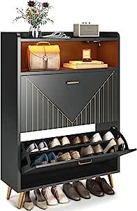 Aheaplus Shoe Cabinet with Flip Doors, Shoes Storage Organizer with Motion Sensor Led Light, Entryway Wood Freestanding Tipping Bucket Shoe Rack with Open Shelves for Closet, Living Room, Black added by Amanda Higgins
