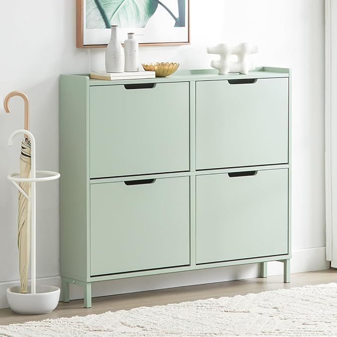 Haotian FSR100-GR, Mild Green Shoe Cabinet with 4 Flip-Drawers, Freestanding Shoe Rack, Slim Shoe Organiazer, 39.4"x7.5"x35.8" added by Sarah Jackson