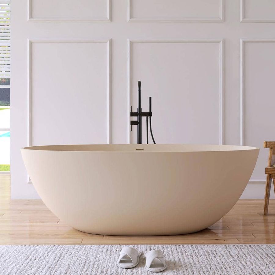 MEDUNJESS Eaton 65 in. x 29.5 in. Stone Resin Solid Surface Flatbottom Freestanding Soaking Bathtub in Cream MD-303-65MC - The Home Depot added by Stephanie Cork