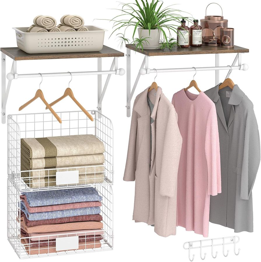 2 Set Laundry Room Shelves Wall Mounted with Wire Storage Baskets, Over Washer and Dryer Shelves with Hanging Rods and Hooks, Wire Shelves for Laundry Organization and Storage, White, Wooden added by Jessica Galasco