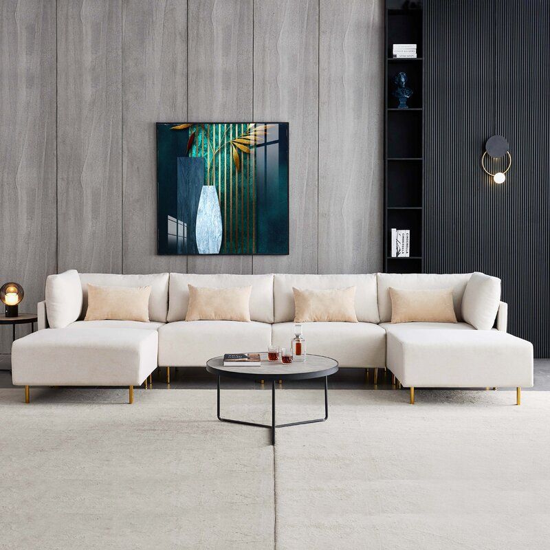 Lochlain 143" Wide Linen Symmetrical Modular Corner Sectional with Ottoman added by Katharine Maxwell