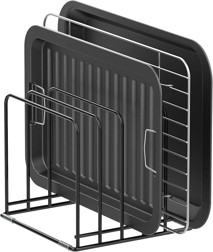 Kitchen Cabinet Organizer, Steel Cookware Holder, Divided Holder with 5 Slots for Skillets Baking Tray and Chopping Board Rack - Baking Pan Holder Storage (1 PC) added by Rachel Fedorov