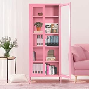 Greenvelly Metal Storage Cabinet, 72" Tall Curio Display Cabinet Bookcase with 2 Glass Doors and 4 Shelves, Modern Floor Utility Locker Cabinet for Office Living Room Bathroom Home Entryway added by Janae Sullivan