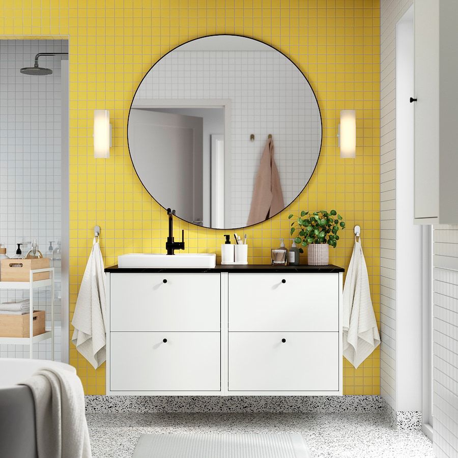 HAVBÄCK / ORRSJÖN Bathroom vanity with sink & faucet, dark gray/black marble effect, 49x211/2x283/8" - IKEA added by Maya Deen
