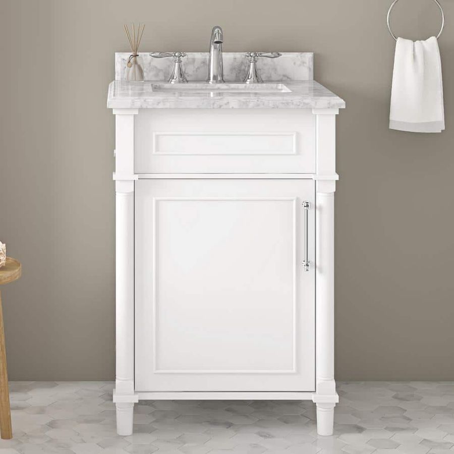 Home Decorators Collection Aberdeen 24 in. Single Sink Freestanding White Bath Vanity with Carrara Marble Top (Assembled) 8103200410 - The Home Depot added by Brooke Ewing