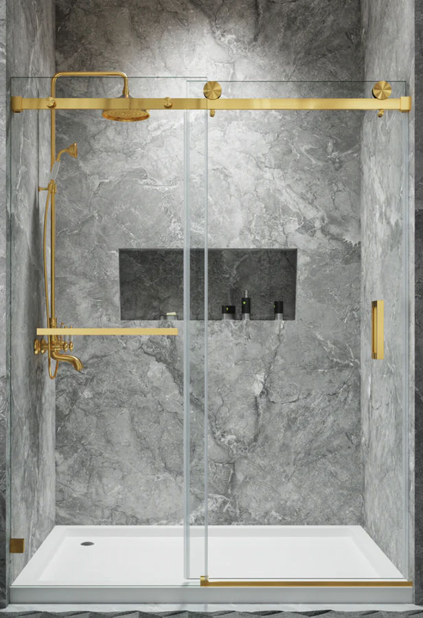 60" W X 66" H Bathroom Swing Door Frameless Glass Brass Hardware with smooth sliding GCSS05 added by Lily Wood